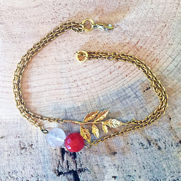 Brass Double-Strand Leaf Necklace with Quartz and Carnelian Accents