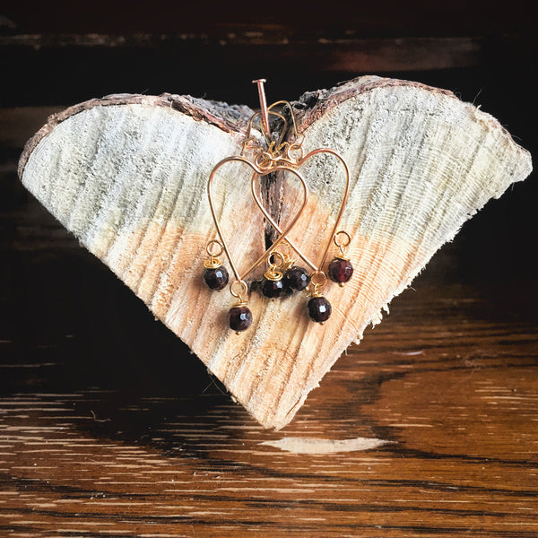 Heart Chandelier Earrings with Garnet