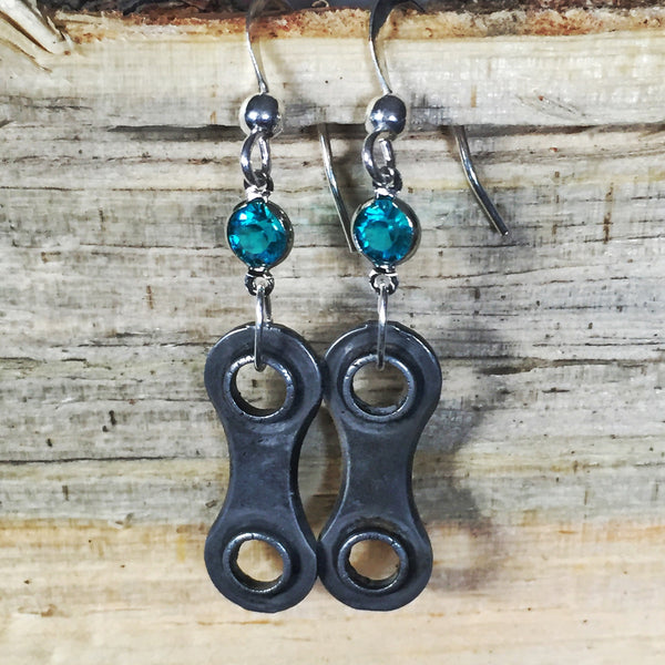 Upcycled Bicycle Chain Earrings with Vintage Swarovski Crystals