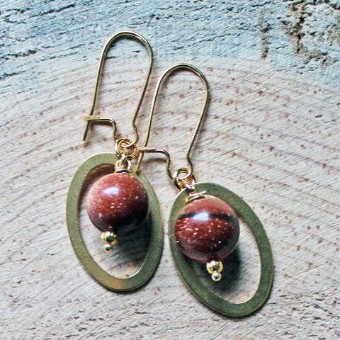 Oval Gemstone Earrings with Gold Sandstone or Caribbean Sea Green Jade