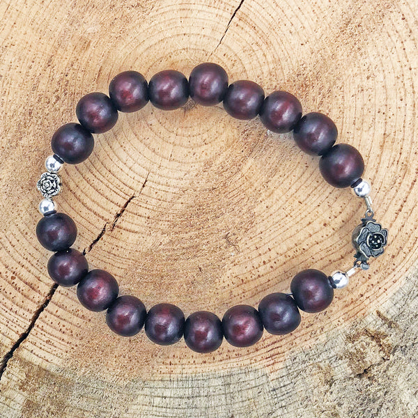 Wood Bead Bracelet with Metallic Floral Accents