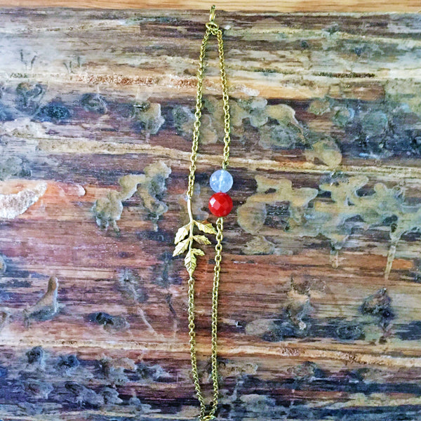 Brass Double-Strand Leaf Bracelet with Quartz and Carnelian Accents