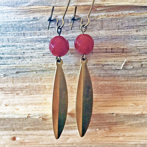 Brass Leaf Earrings with Carnelian Accents