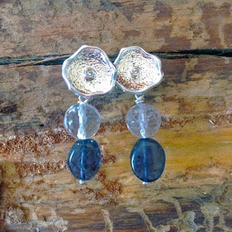 Silver Flower Earrings with Quartz and Iolite Accents