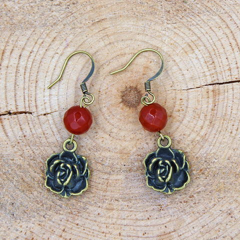 Carnelian Earrings with Antique Brass Rose Accents