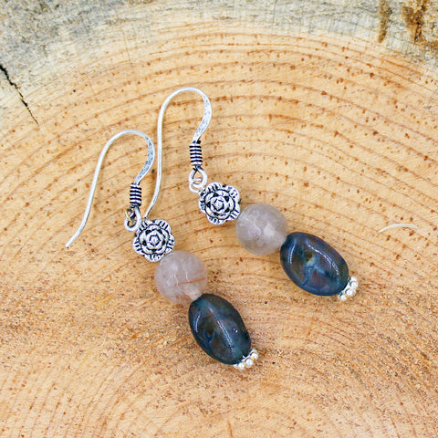 Iolite and Rutilated Quartz Earrings with Silver Floral Accents
