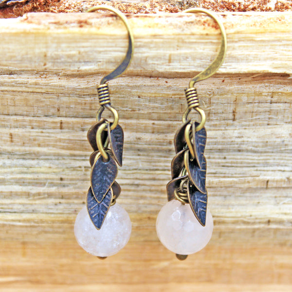 Quartz Earrings with Leaf Accents