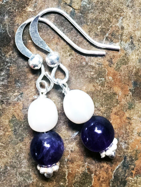 Genuine Amethyst and Pearl Earrings