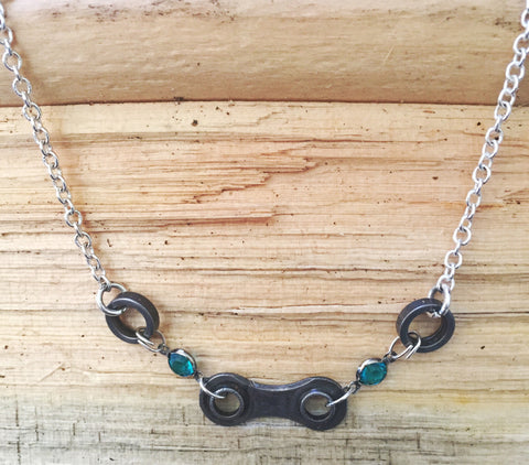 Short Upcycled Bicycle Chain Necklace with Vintage Swarovski Crystals