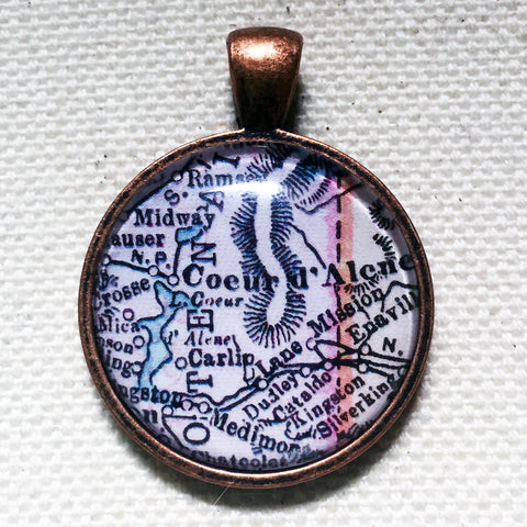 Coeur d'Alene Idaho Vintage Map Pendant