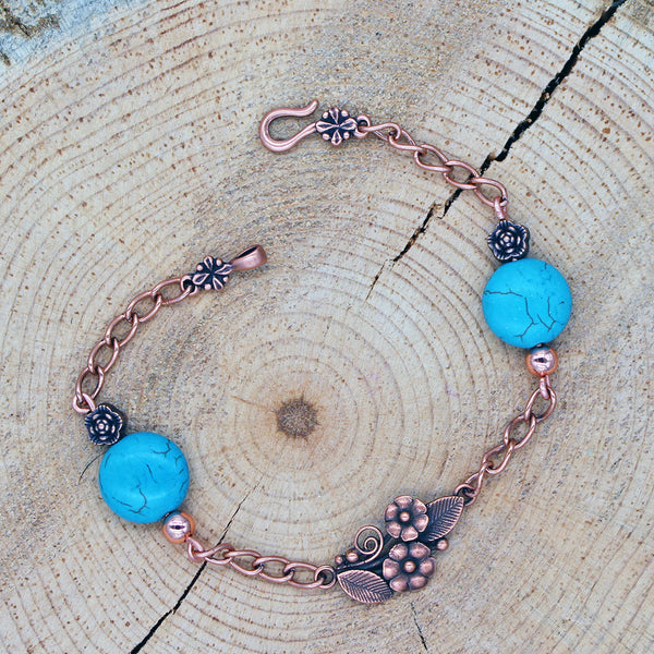 Floral Bracelet with Magnesite Turquoise in Copper or Silver