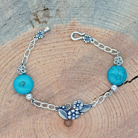 Floral Bracelet with Magnesite Turquoise in Copper or Silver