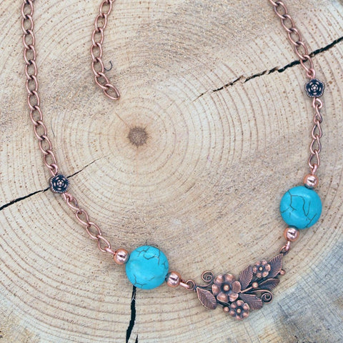 Floral Necklace with Magnesite Turquoise in Copper or Silver