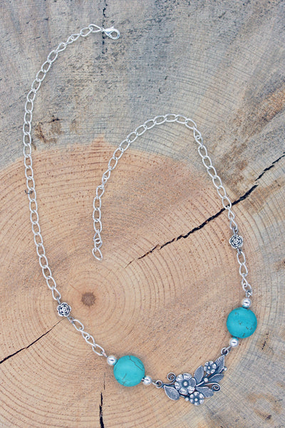 Floral Necklace with Magnesite Turquoise in Copper or Silver