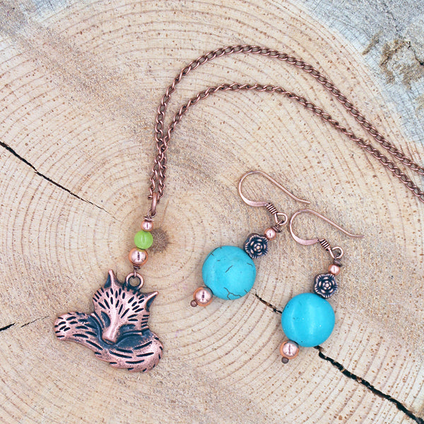 Fox Necklace with Seafoam Green Jade in Copper or Silver