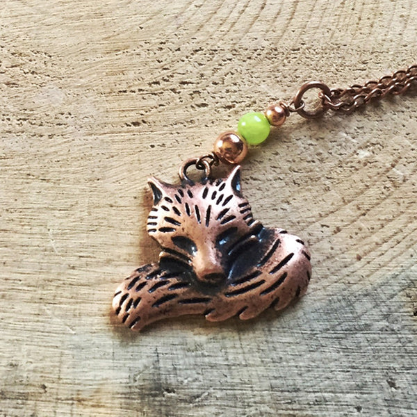 Fox Necklace with Seafoam Green Jade in Copper or Silver