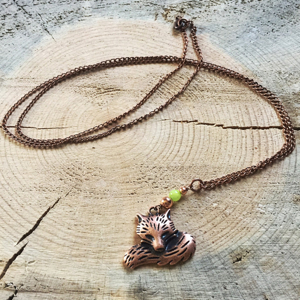 Fox Necklace with Seafoam Green Jade in Copper or Silver
