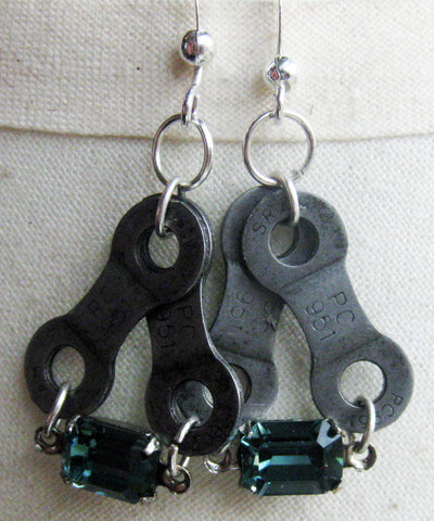 Upcycled Bicycle Chain Earrings with Vintage Swarovski Crystals