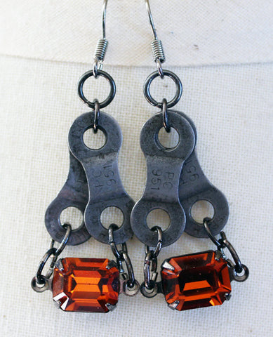 Upcycled Bicycle Chain Earrings with Vintage Swarovski Crystals