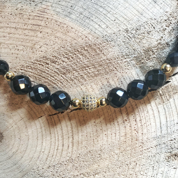 Curved Bar Necklace with Onyx and Pave Beads