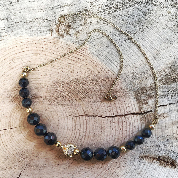 Curved Bar Necklace with Onyx and Pave Beads