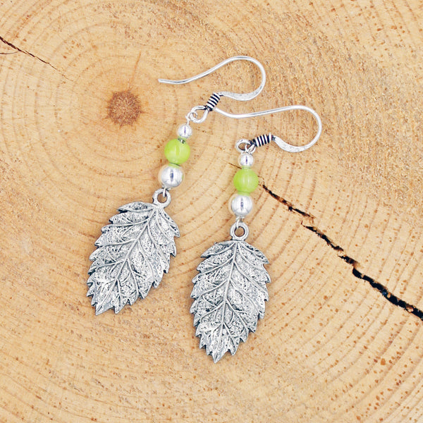 Leaf Earrings with Seafoam Green Jade in Copper or Silver