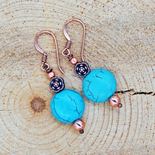 Magnesite Turquoise Earrings with Floral Accents in Copper or Silver