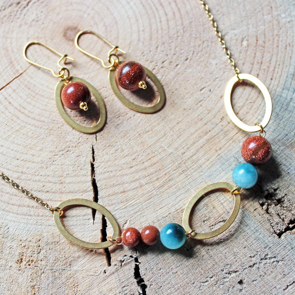 Oval Gemstone Earrings with Gold Sandstone or Caribbean Sea Green Jade