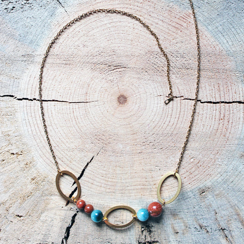 Gold Sandstone and Caribbean Sea Green Jade Geometric Necklace