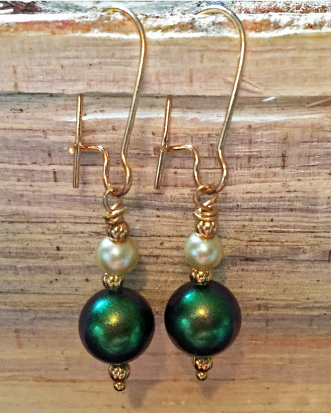 Green and Cream Swarovski Pearl Earrings with Gold Accents