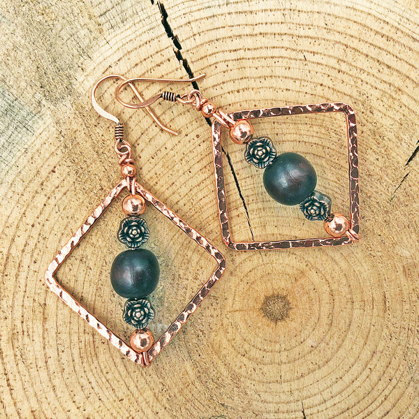 Geometric Earrings with Wood Bead and Metallic Floral Accents