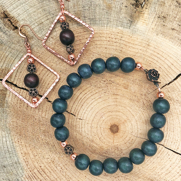 Wood Bead Bracelet with Metallic Floral Accents
